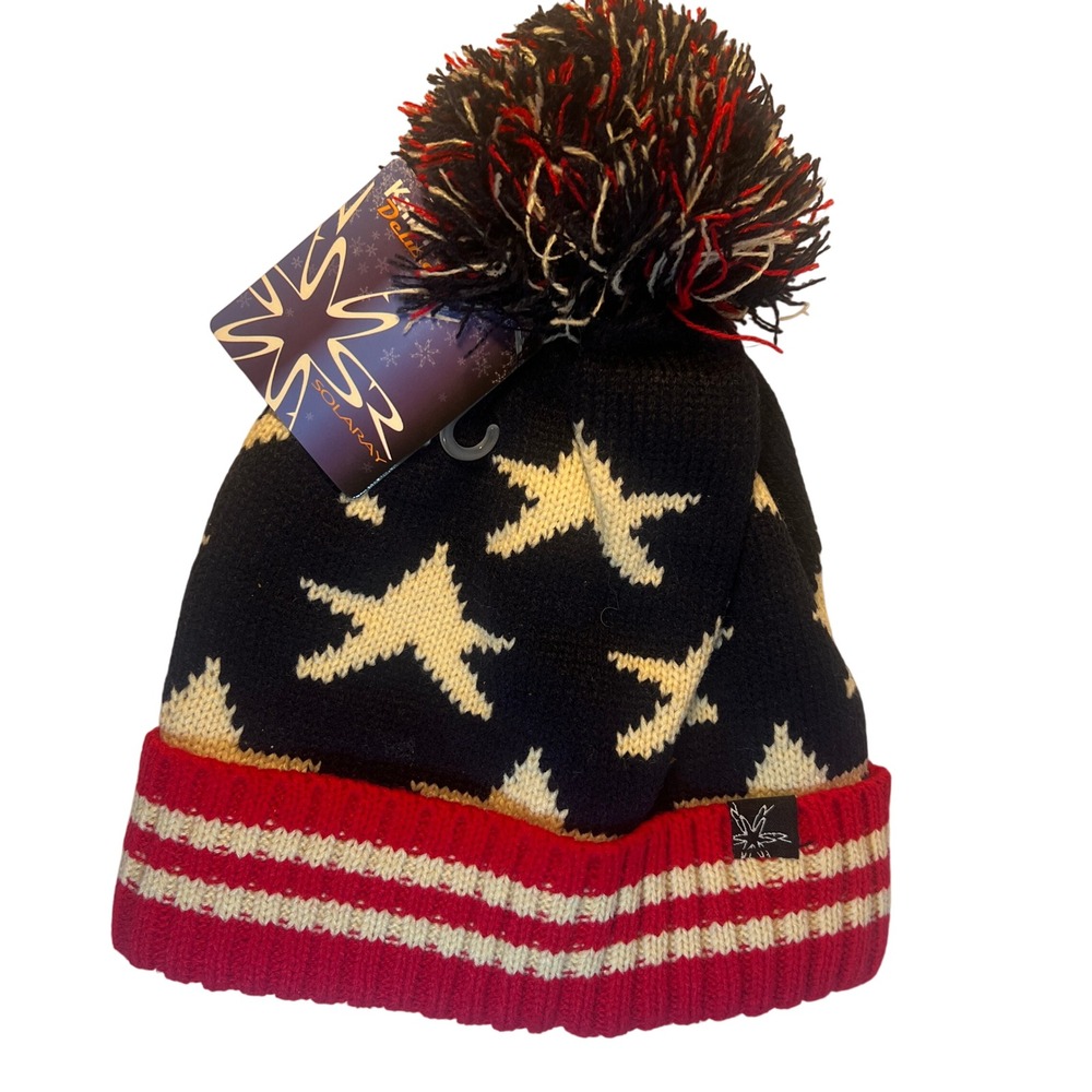 Americana Star Knit Pom Beanie Hat Patriotic Indie Retro Unisex NWT